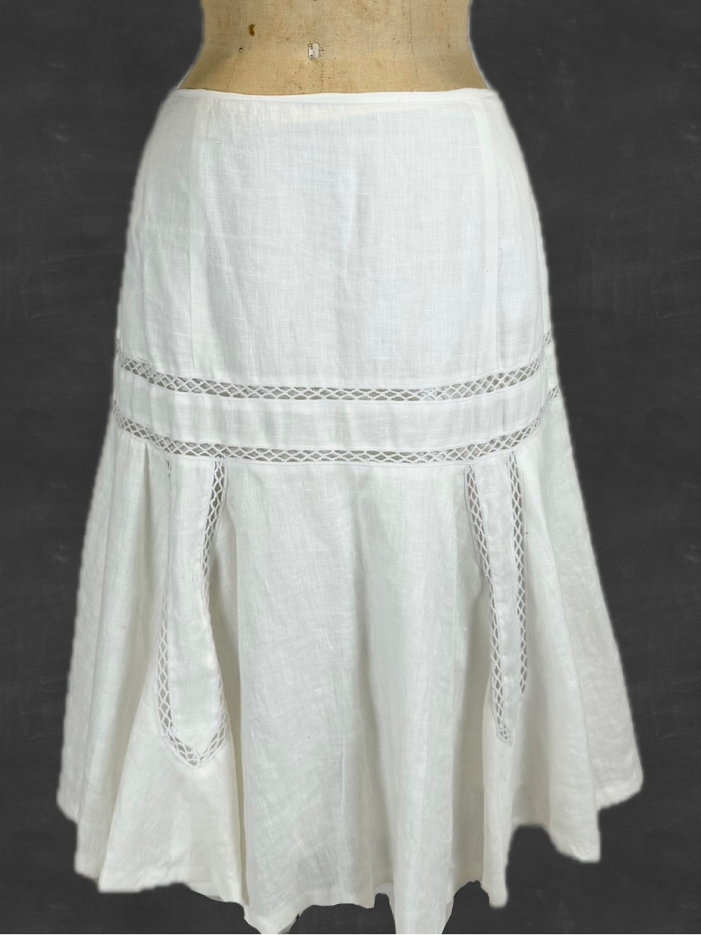 VINTAGE Ralph Lauren linen cotton white midi skirt crochet eyelet lace ruffle 8